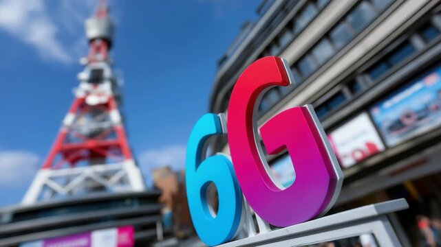 Vibrant urban 6g technology sign with iconic communication tower and moving clouds - Powered by Adobe