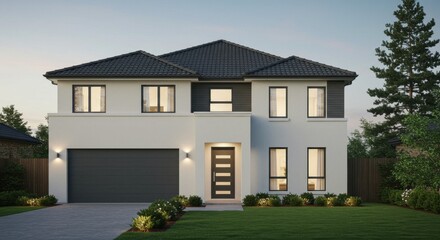 Modern Two-Story Home with Dark Accents and Lush Green Lawn at Dusk
