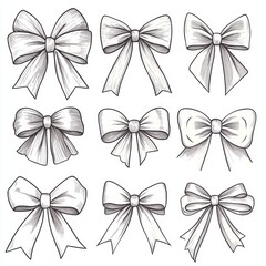 Collection of whimsical ribbon bow in cute girly coquette core style. Set of various bow knot, tie up, gift bow. Beautiful vintage decorative elements. Line art outline doodle hand drawn illustration