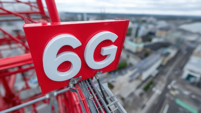Aerial view of 6g technology sign over cityscape with dynamic tilt movement - Powered by Adobe