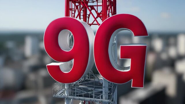 Dynamic shift over urban skyline with prominent 9g technology signage