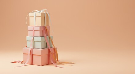 Stacked Pastel Gift Boxes with Flowing Ribbons on Peach Background