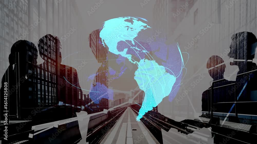 Poster global network connection visualization showing data exchange, digital link, worldwide communication