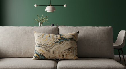 Elegant Living Room Interior with Marble Patterned Cushion and Green Wall