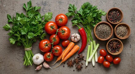 Fresh Culinary Ingredients: Vibrant Vegetables and Spices on Rustic Stone Surface