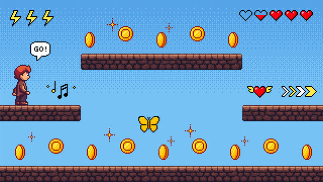 Pixel art game level with a boy character, coins, and platforms. Retro gaming screen for app development.
