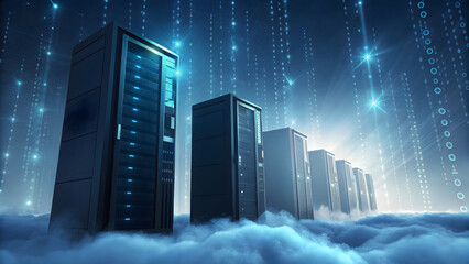 Dark server racks glowing with blue light amidst digital data streams and clouds servers technology technology, background, new, latest, web, ai background, futuristic hud, cyber security, neural