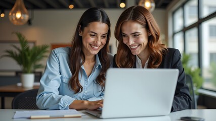 Two professional women collaborating happily over laptop in modern office
