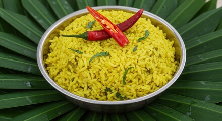 Vibrant Yellow Rice Bowl with Red Chili Peppers on Tropical Green Leaves