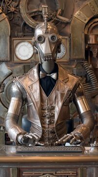 robotic newscaster in a metallic suit sitting behind a steampunk newsdesk generative ai