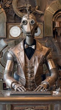 robotic newscaster in a metallic suit sitting behind a steampunk newsdesk generative ai