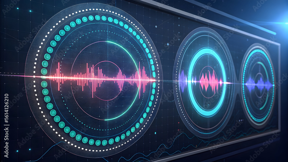 Poster futuristic audio waveform display with circular interfaces image technology, background, new, latest