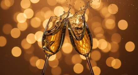 Champagne Toast: Sparkling Celebration with Golden Bokeh and Dynamic Splash