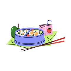 Vector lunchbox with healthy meal. Bento box with apple fruit and boiled eggs, rice. Packed lunch container with nutritious food portion. Homemade takeaway for school or office. Nutrition, diet.