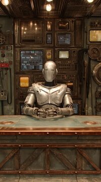 robotic newscaster in a metallic suit sitting behind a steampunk newsdesk generative ai