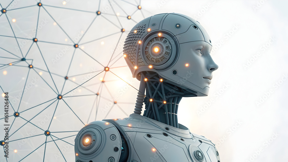 Poster futuristic robot head with glowing network connections android artificial technology, background, ne