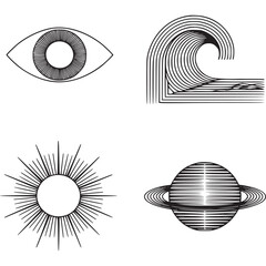 Geometric line art featuring an eye wave sun and saturn in a minimalist design on a white background on transparent background © SurrealSee