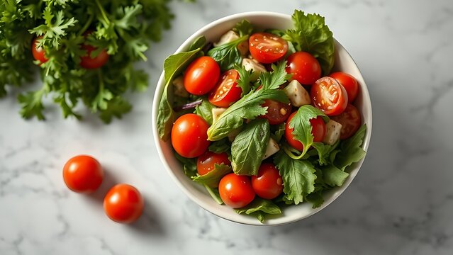 A colorful mixed vegetable salad in a white bowl, fresh ingredients presented with simplicity and elegance.