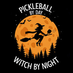 Witch playing pickleball with full moon and bats at night  