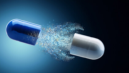 dynamic release of medical capsule contents conceptual image of a capsule dispersing advanced pharmaceutical compounds