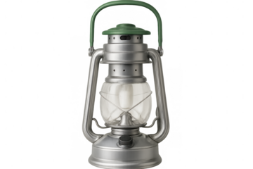 Vintage metal camping lantern glowing with warm led light, green handle, isolated against transparent backdrop