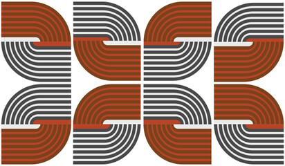 Abstract geometric stripes seamless pattern in metallic black, white, burnt orange and brown