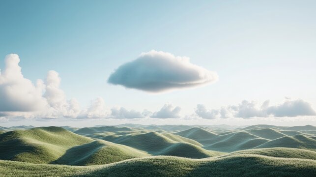 Rolling hills, soft light, fluffy clouds