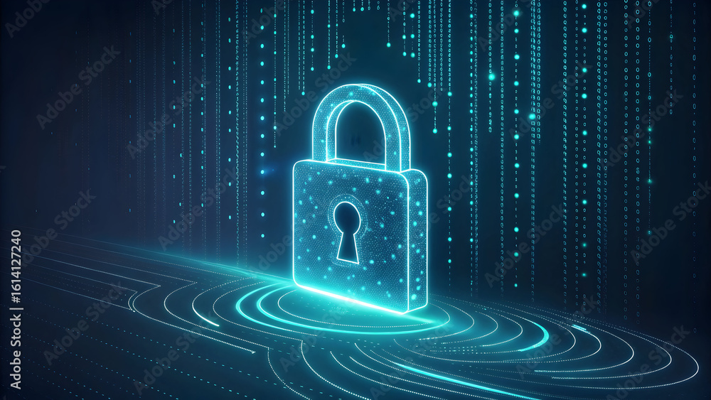 Poster glowing digital lock on abstract data stream background security technology technology, background, 