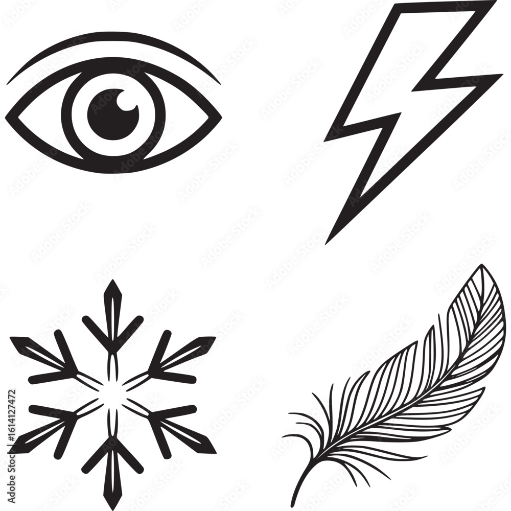 Poster a collection of simple black and white line drawings featuring an eye lightning snowflake and feathe