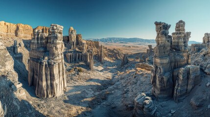 Desert rock formations at sunrise, panoramic view