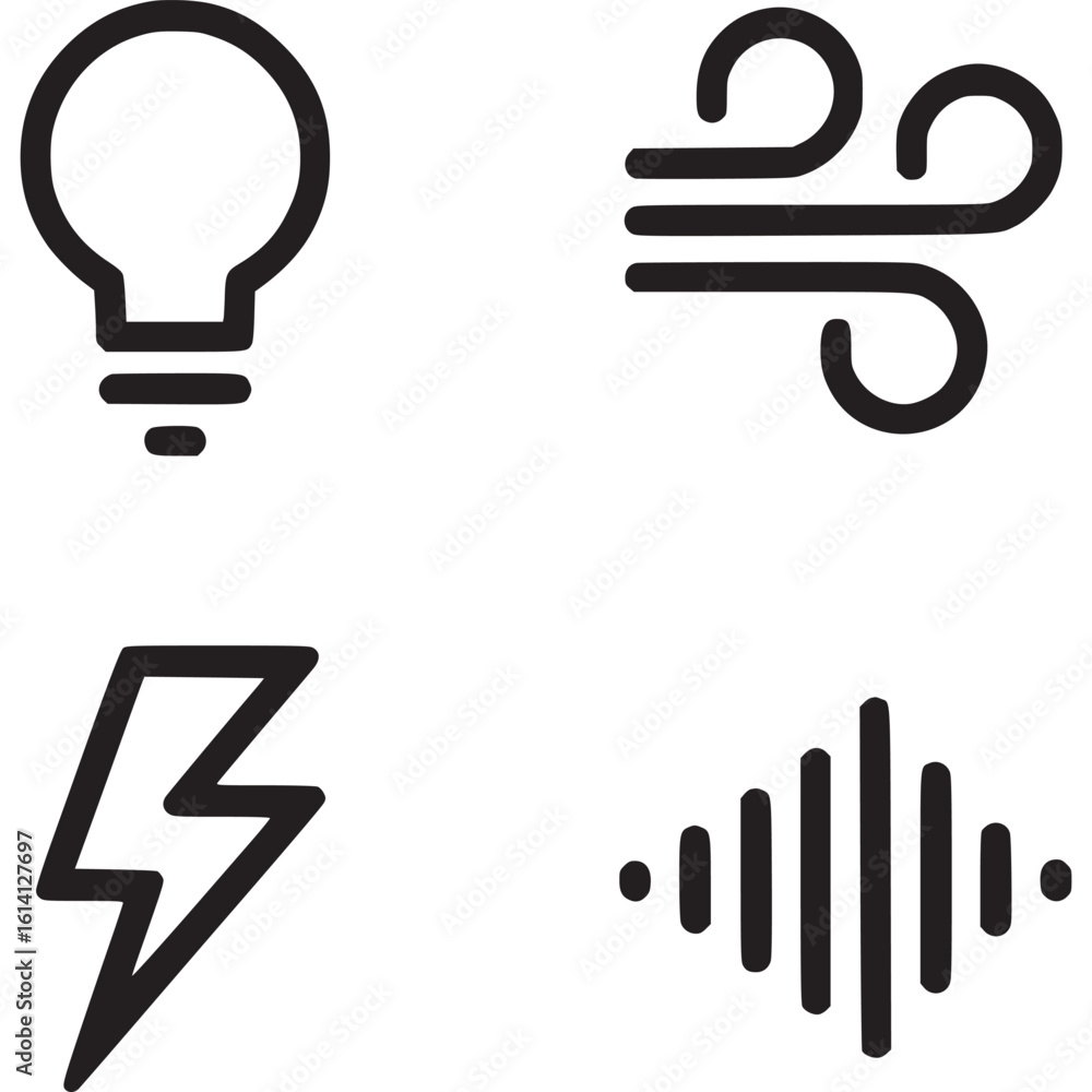 Poster a set of four icons representing lightbulb, wind, lightning, and sound waves in a square format on t