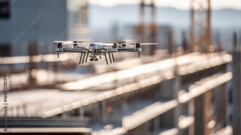 Poster closeup of automated louver panels attaching seamlessly to anchor rails by a hovering drone highligh