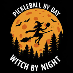 Witch playing pickleball silhouette against a full moon background  