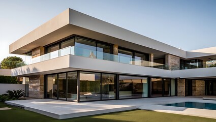 Modern luxury residence with glass walls and swimming pool