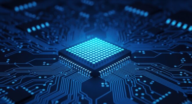 Close up of a glowing blue computer microchip