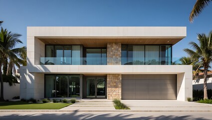 Modern luxury two story house with glass balconies and palm trees