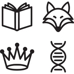 Four black and white icons depicting a book, fox, crown, and dna strand on a white background on transparent background