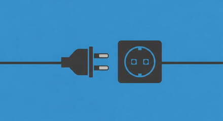 Minimalist Concept of Electrical Connection — Black Plug and Socket on Blue Background Symbolizing Energy, Power, and Synergy