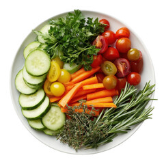 Freshly prepared vegetable platter with cucumbers tomatoes carrots herbs isolated on transparent background