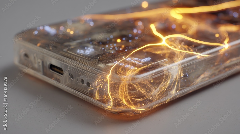 Poster close up of a biodegradable smartphone prototype featuring a translucent casing that reveals intertw