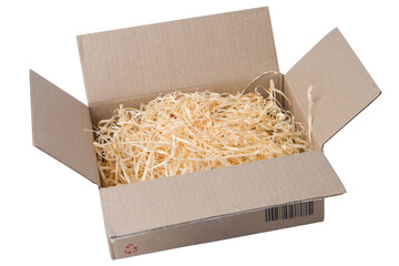 Cardboard box with sawdust isolated on white background. Clipping Path