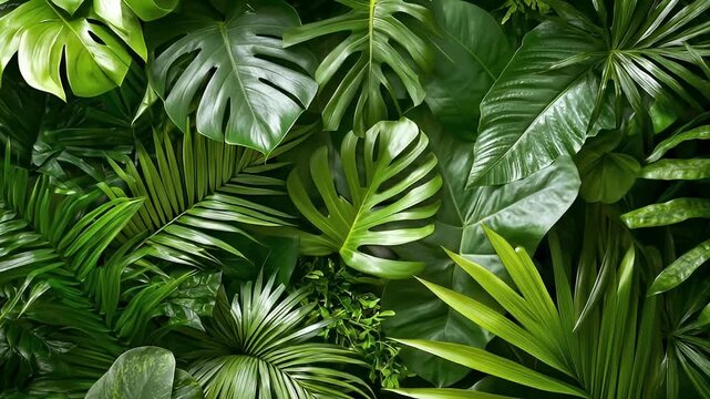 Lush, vibrant green tropical foliage featuring monstera and palm fronds, close-up view