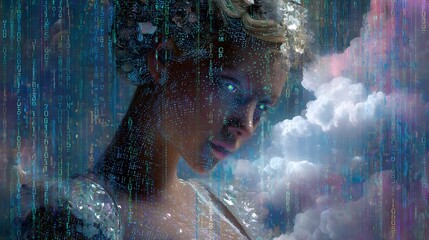 muse of artificial intelligence in a majestic renaissance dress, her skin reflecting holographic textures, eyes filled with cascading matrix code, elegant background of blended clouds and circuits 