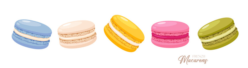 Vector cartoon horizontal poster with colorful French macarons different colors isolated on white backround.	