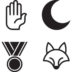 Composition of four black and white icons representing hand moon medal and fox on a light background on transparent background