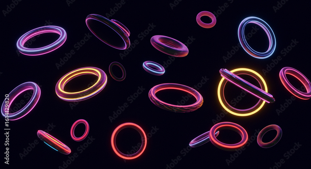 Poster floating neon rings of various colors and sizes against a dark background creating a futuristic scen