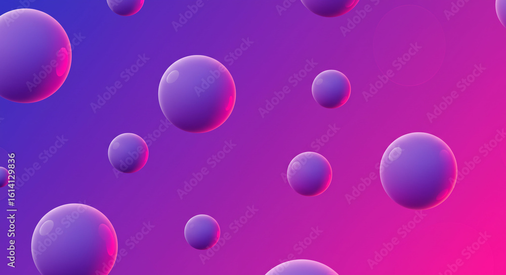 Poster floating spheres on a gradient background of purple and pink creating an abstract design element