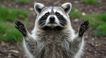 Obraz premium A raccoon with its paws up looks like it is begging for something