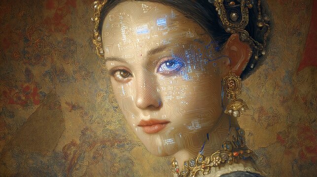 AI muse portrait in renaissance oil painting style, serene expression, code fragments glowing in the iris, subtle motherboard-like patterns etched into golden jewelry 