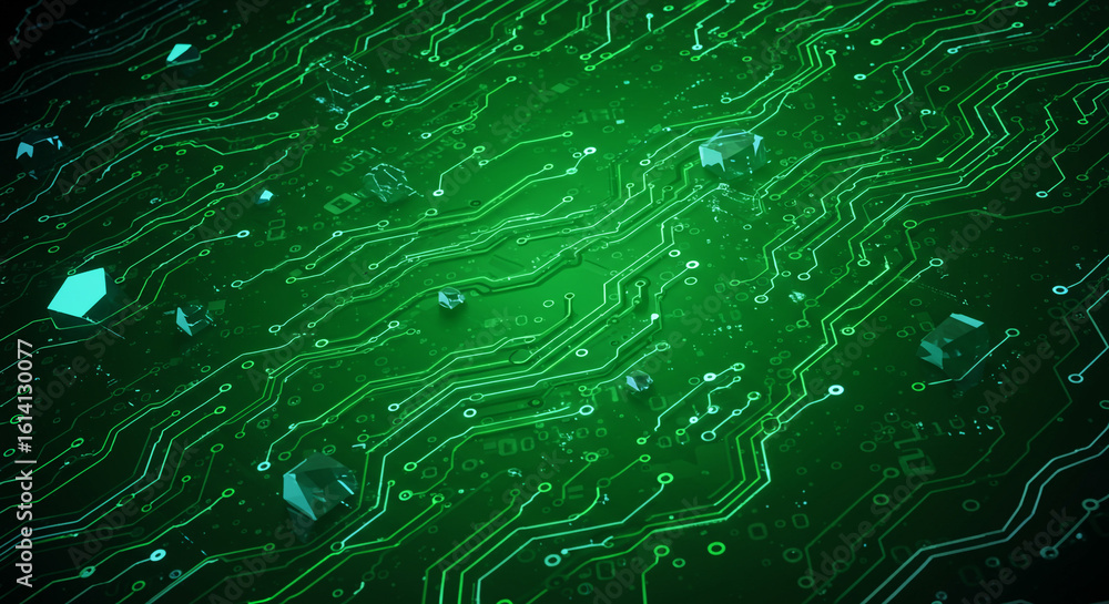 Aufkleber a green circuit board with glowing lines and geometric shapes scattered across the surface pattern d